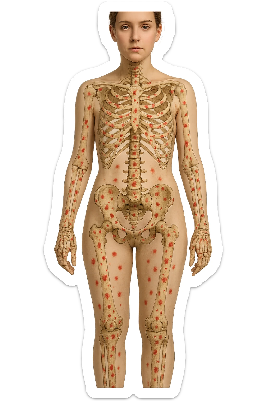 donna realistica a figura intera con red spot sparsi alle ossa, ossa del corpo visibili sul corpo, non sul volto iperrealistico 4k sticker