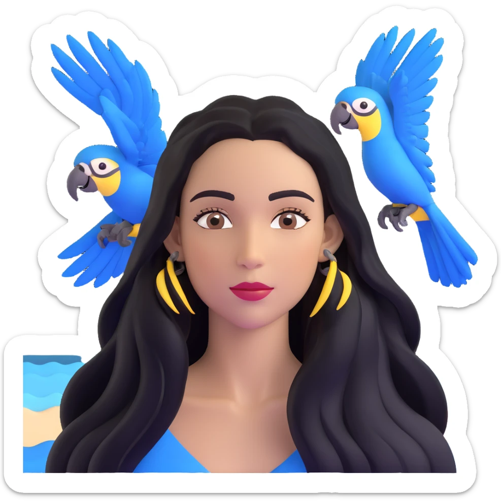 close-up of a woman's face with long black hair, light brown skin, blue macaws flying around her head, and the arches of Atalaia Beach (Aracaju-SE) subtly in the background sticker