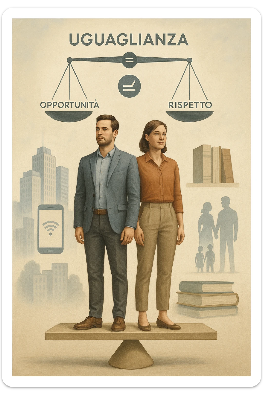 Un uomo e una donna, entrambi tra i 30 e i 40 anni, in piedi fianco a fianco su un piedistallo unico che rappresenta l’equilibrio. Indossano abiti moderni da lavoro o casual, con sguardi determinati e sereni. Sullo sfondo, simboli di società moderna: grattacieli, tecnologia, libri, famiglia. Sopra di loro, una bilancia perfettamente equilibrata con i simboli 'uguaglianza', 'opportunità', 'rispetto'. La scena è armoniosa, luminosa, con colori neutri e un tono positivo. Stile realistico con accenti simbolici in italiano sticker