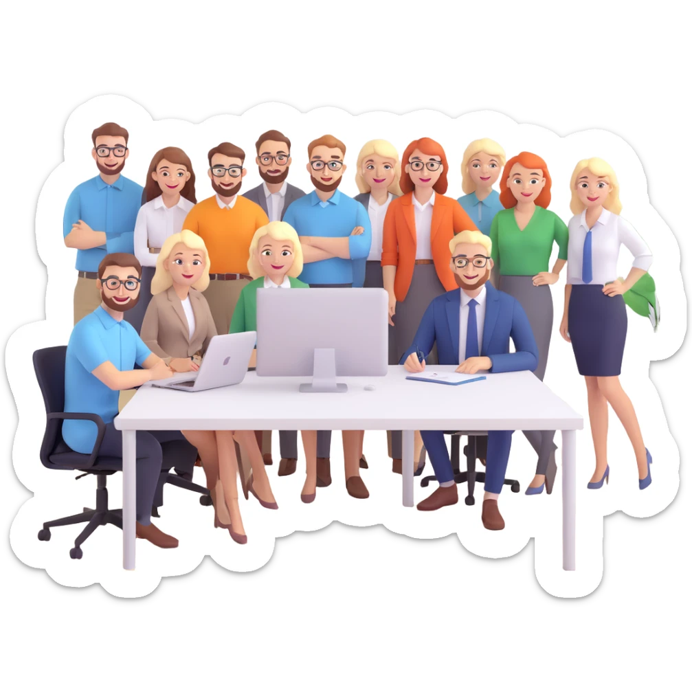 Three happy white male designers and six happy white female designers, all working together in a modern office environment sticker
