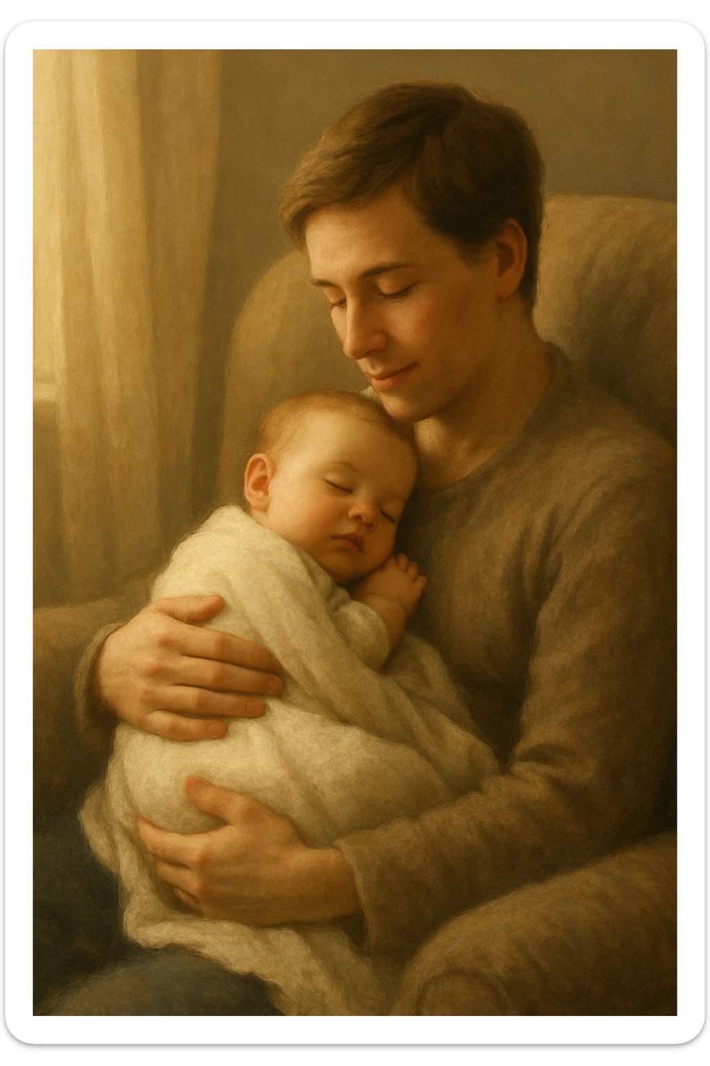 A peaceful scene of a baby sleeping in the arms of a parent, with the parent gently holding the baby against their chest. The setting is soft and calm, with warm lighting and a nurturing atmosphere. The parent is sitting on a cozy chair, looking down lovingly at the child. The baby is wrapped in a blanket, both look serene and safe. sticker