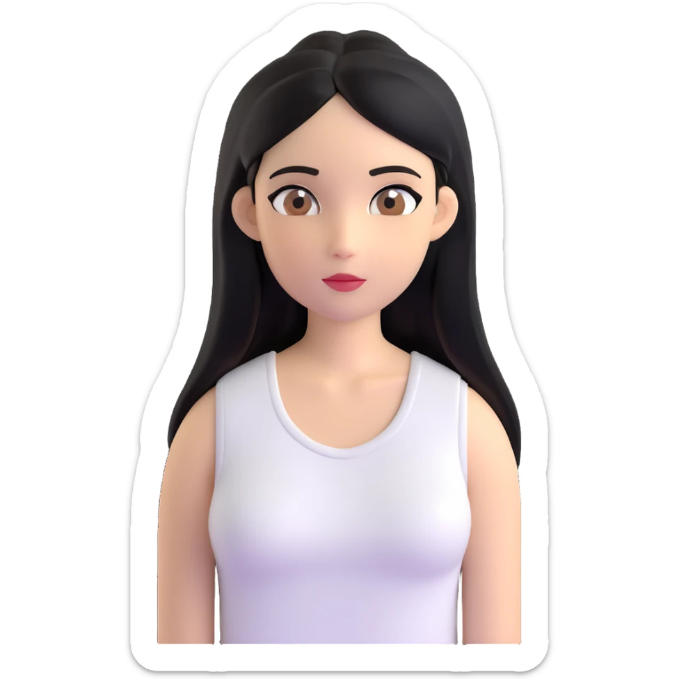 Female with straight long black hair parted in middle, beige skin, big brown eyes, natural makeup, white sleeveless top sticker