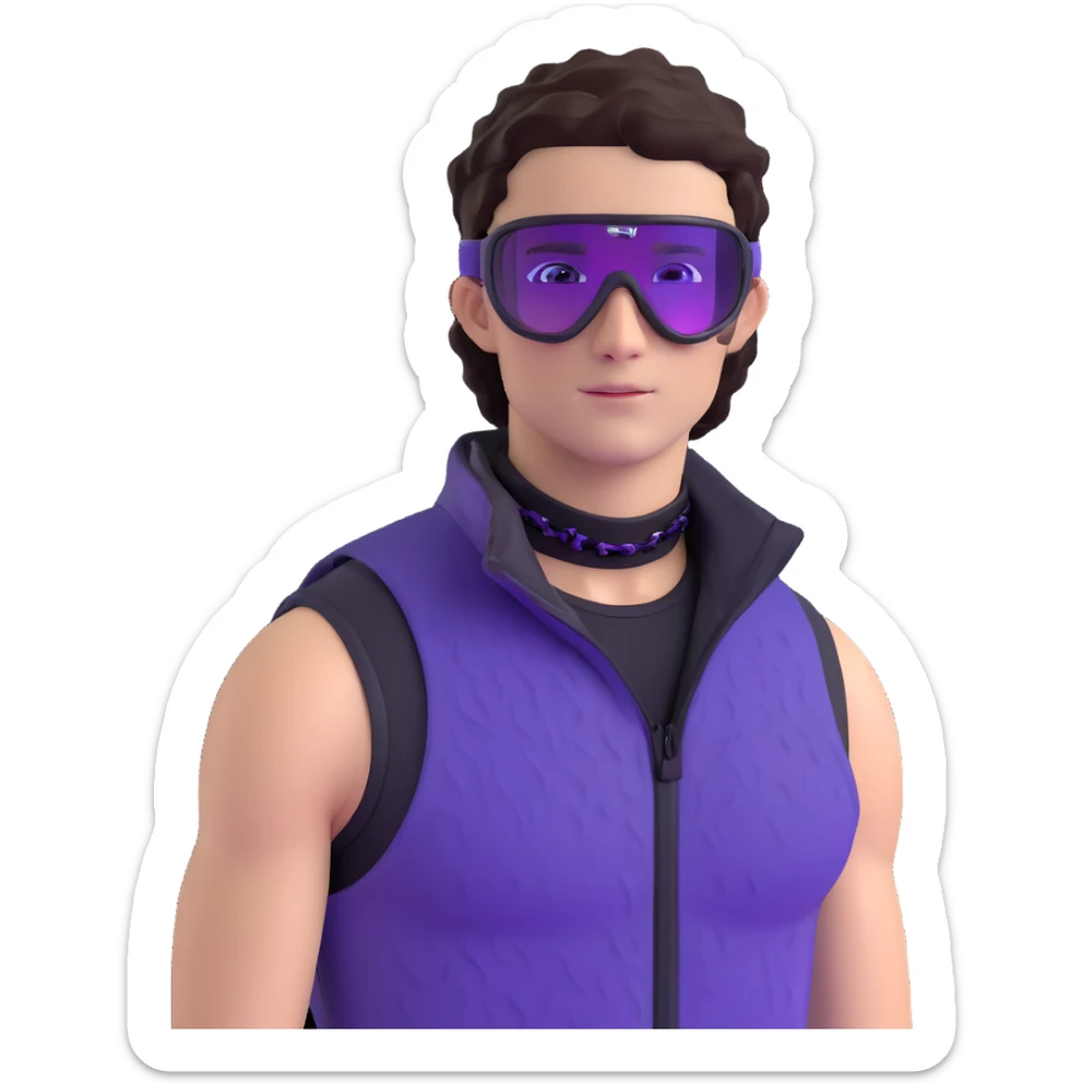close-up of male athlete with white skin and moderately curly dark brown hair on top with shaved sides, wearing ski goggles with purple frames and very dark black lenses, a simple plain black chain necklace, and a completely unzipped sleeveless vest with purple and black sequin fire pattern design with no logo, with an arrogant smug smirk on his face, looking confident and cocky sticker