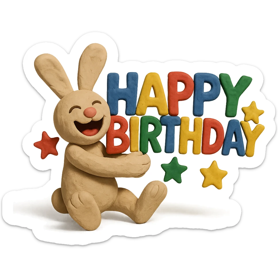 laughing bunny hugging 'Happy Birthday' letters with stars, full body, claymation style sticker