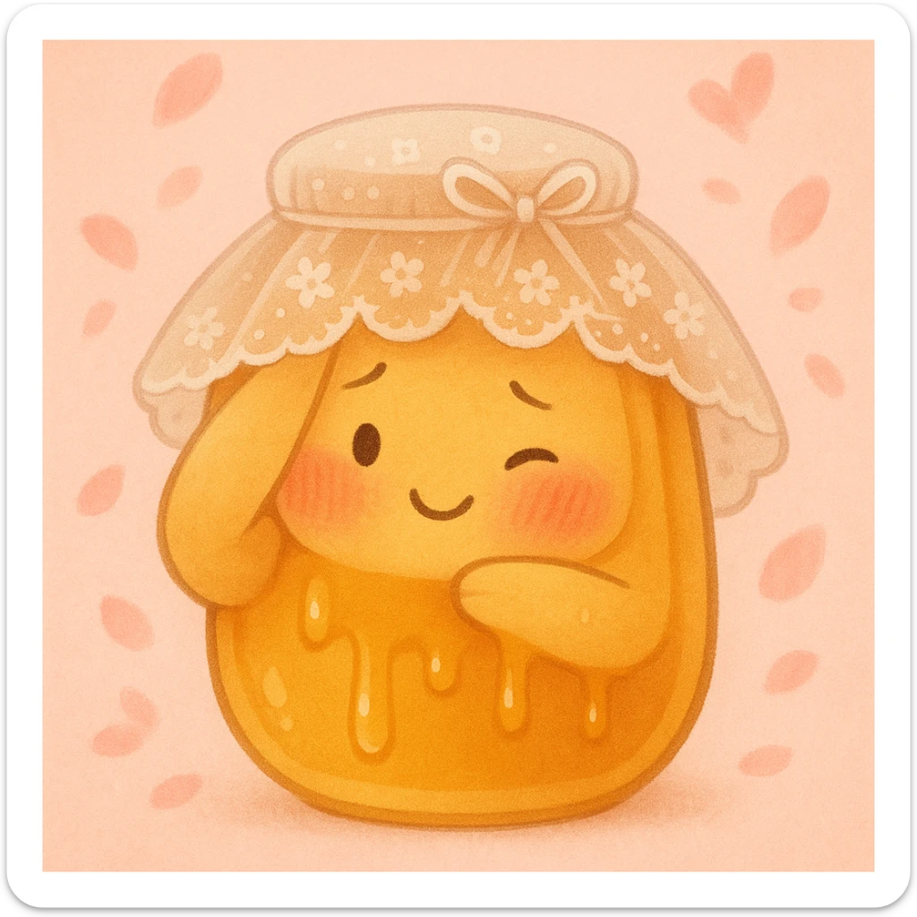 shy honeypot peeking from behind its arm, lace veil, rosy cheeks, gentle smile, honey drips gently, blush pink background with flower petals sticker