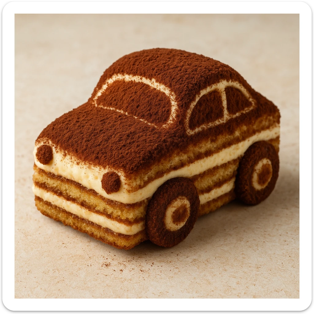 a small car made from tiramisu, with layers of coffee-soaked cake and mascarpone, dusted cocoa on top, whimsical and appetizing, dessert-themed, fun and edible look sticker