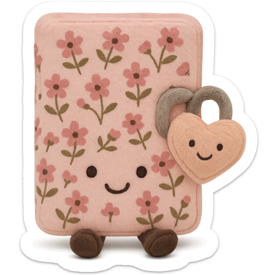 Pink Floral journal with a heart-shaped lock as a kawaii plushie, jellycat style  sticker