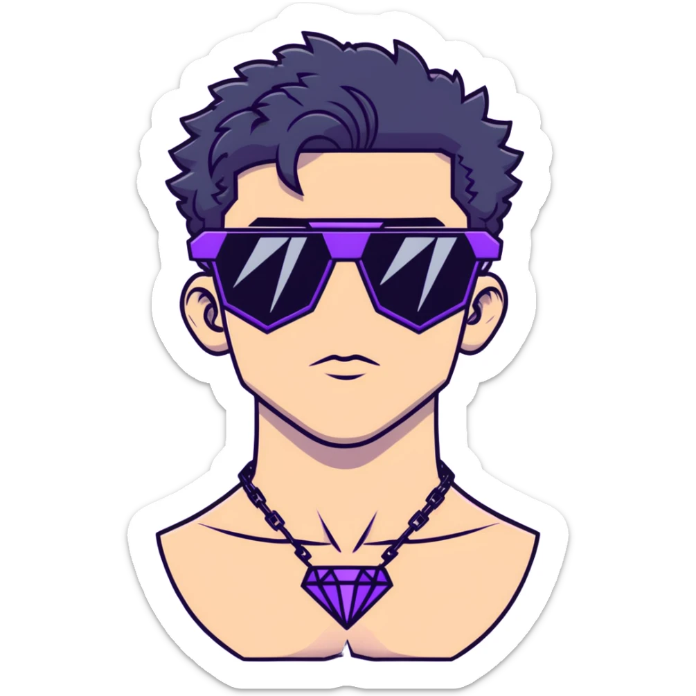 shirtless male athlete with white skin and moderately curly black hair on top with shaved sides, wearing sharp angular geometric purple sunglasses with very dark heavily tinted black lenses, and a simple plain black chain necklace, no earrings sticker