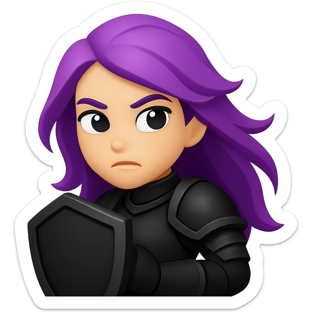 Create an emoji style image of a mysterious warrior girl with flowing purple hair and black armor holding a shield and looking determined. Keep the style and colors consistent with the reference image. No background. sticker