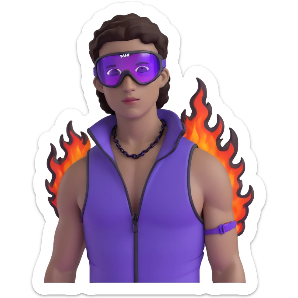 male athlete with white skin and moderately curly dark brown hair on top with shaved sides, wearing ski goggles with purple frames and very dark black lenses, a simple plain black chain necklace, and a completely unzipped sleeveless vest with purple and black sequin fire pattern design with no logo, fully revealing his chest, shoulders and arms, no earrings sticker