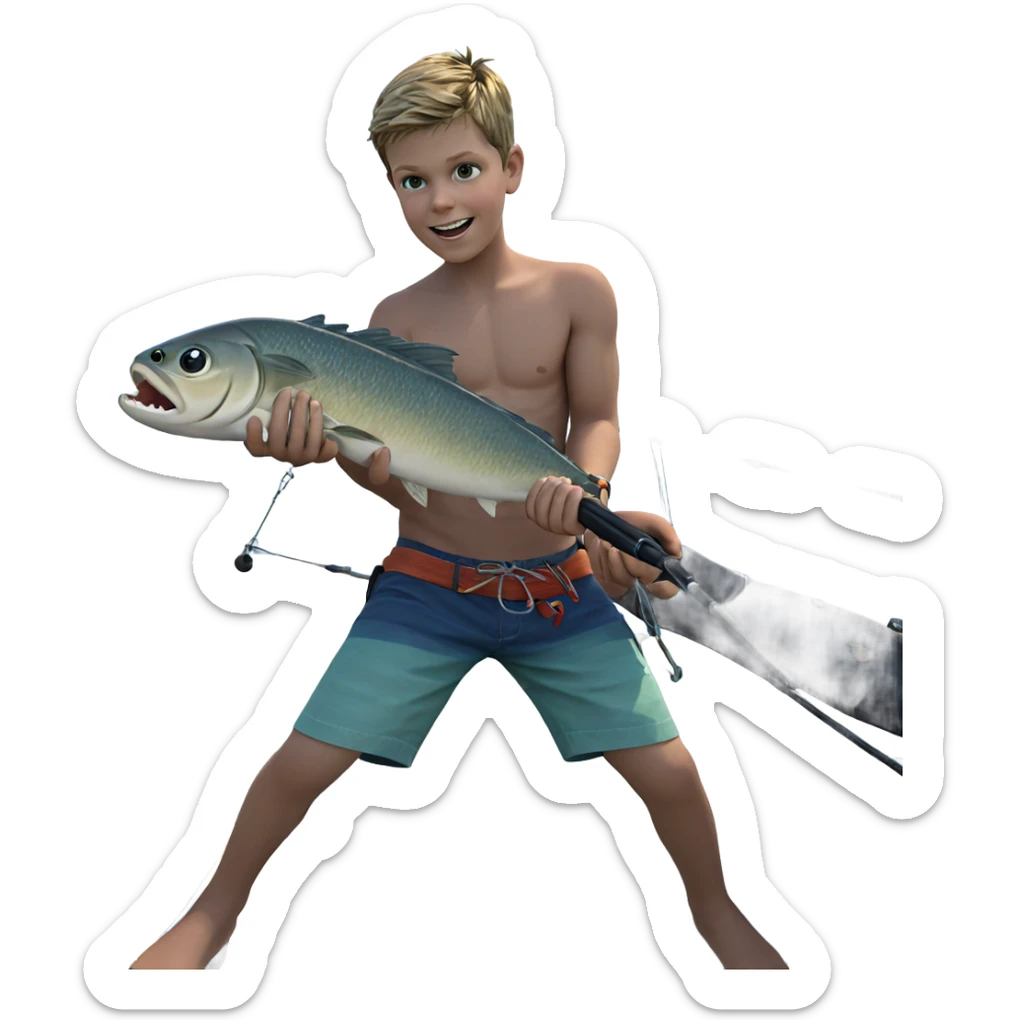 smiling boy fishing by ocean sticker