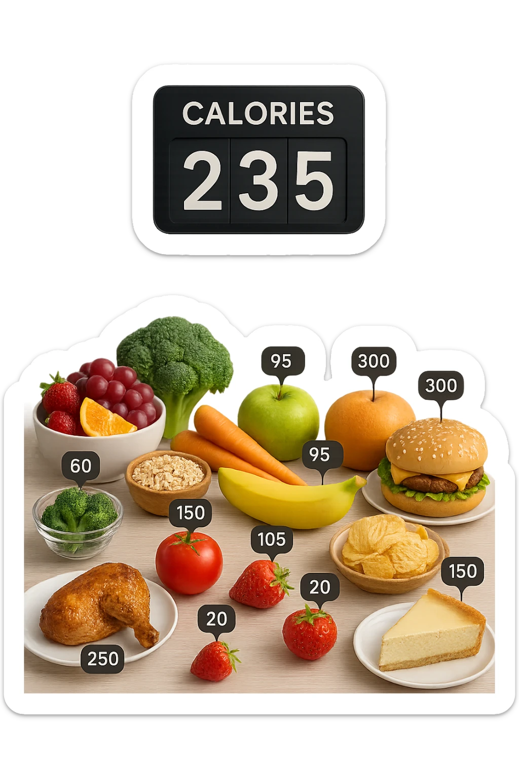 a digital calorie counter hovers above a variety of foods arranged on a table—fruits, vegetables, grains, meats, and desserts. Each food has a floating label showing its calorie content. The background is clean and modern, emphasizing the educational aspect of calorie awareness. sticker