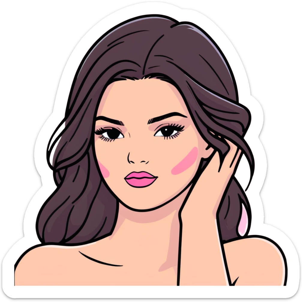 Kendall Jenner, elongated face, long flowing hair, pink glossy lipgloss, pink blush on cheeks, bare shoulders and upper body sticker