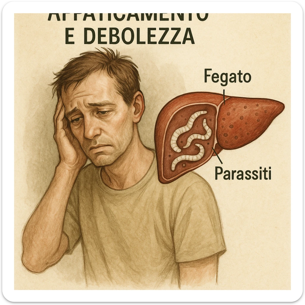 realistic medical illustration of a person looking fatigued and weak, with a stylized cross-section of the liver showing parasites, educational and respectful, with Italian labels, no explicit details sticker