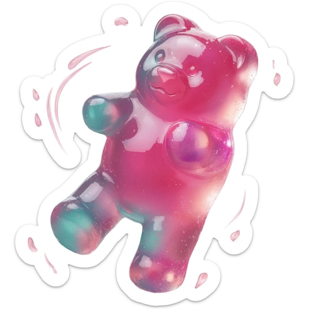 hyper-realistic 3D rendering of a translucent, glistening pink teal gummy bear mid-bounce, its plump body captured in dynamic motion as if frozen in time. The candy's surface refracts light like real gelatin, with sticky highlights gleaming along its curved edges and subtle sugar granules  sticker