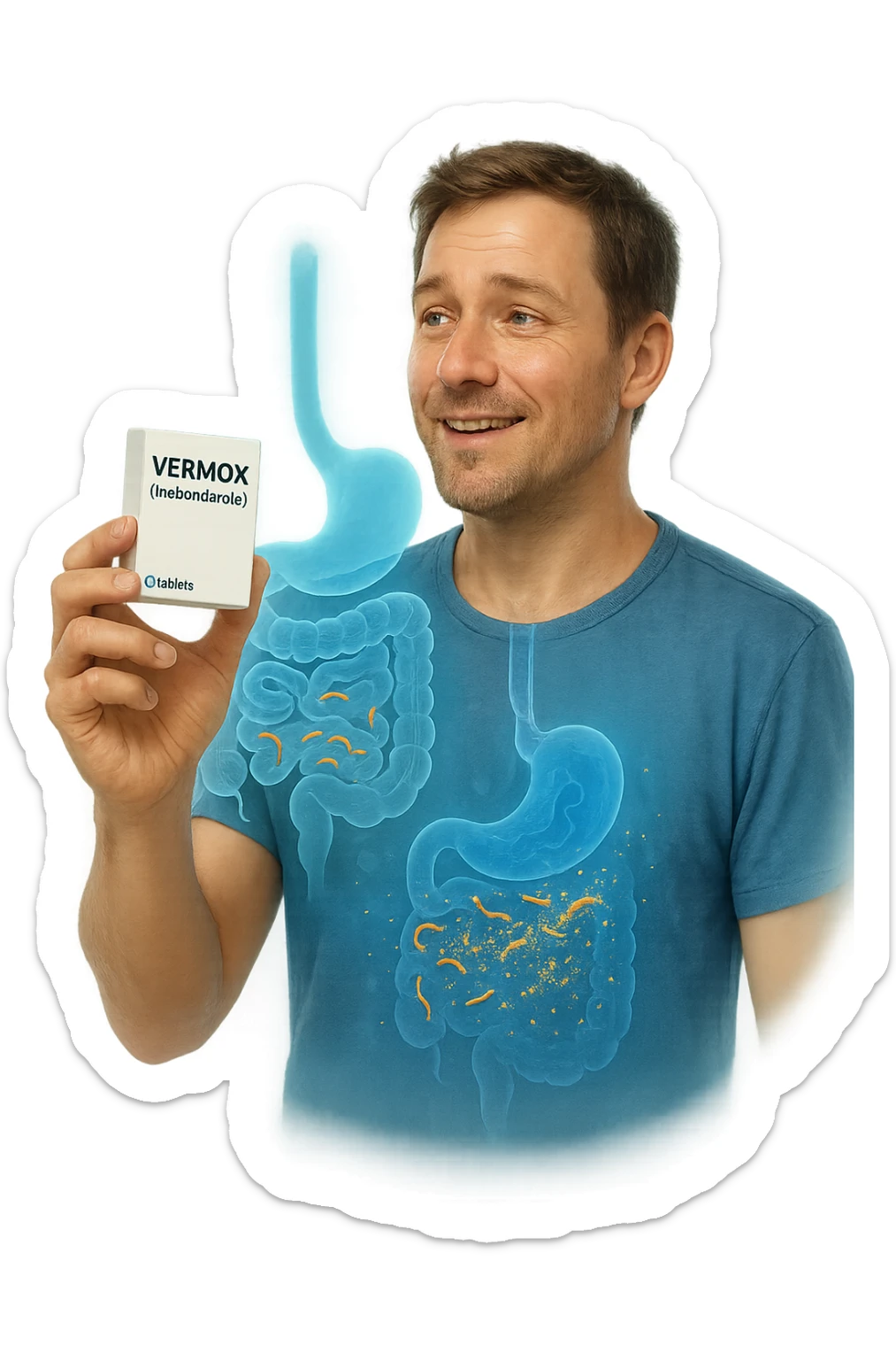 A realistic, cinematic illustration of a man in his late 30s holding a small white box of ‘Vermox’ (mebendazole) in one hand, with a relieved and hopeful expression on his face. Behind him, a semi-transparent overlay shows his digestive tract where small, symbolic worm-like parasites are dissolving and disappearing, indicating the medication’s effect. The environment is clean and bright, with a medical yet hopeful tone, conveying the concept of effective parasite removal. Subtle blue and green tones symbolize cleansing and health restoration, while the man appears energized and ready to reclaim his well-being sticker