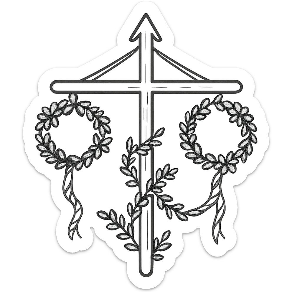 Add traditional Swedish details to the midsommarstång: a wooden crossbar, two large floral wreaths at the ends, blue and yellow ribbons spiraling around the pole, and a leafy garland in a U-shape between the wreaths, maintaining the hand-drawn black outlined style. sticker