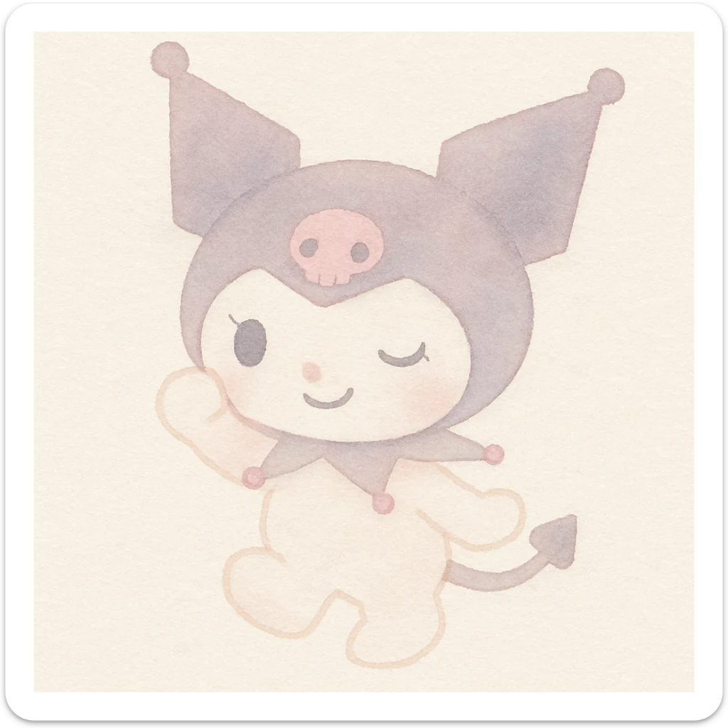 Kuromi character, watercolor art style, winking, playful pose, pink and purple tones sticker