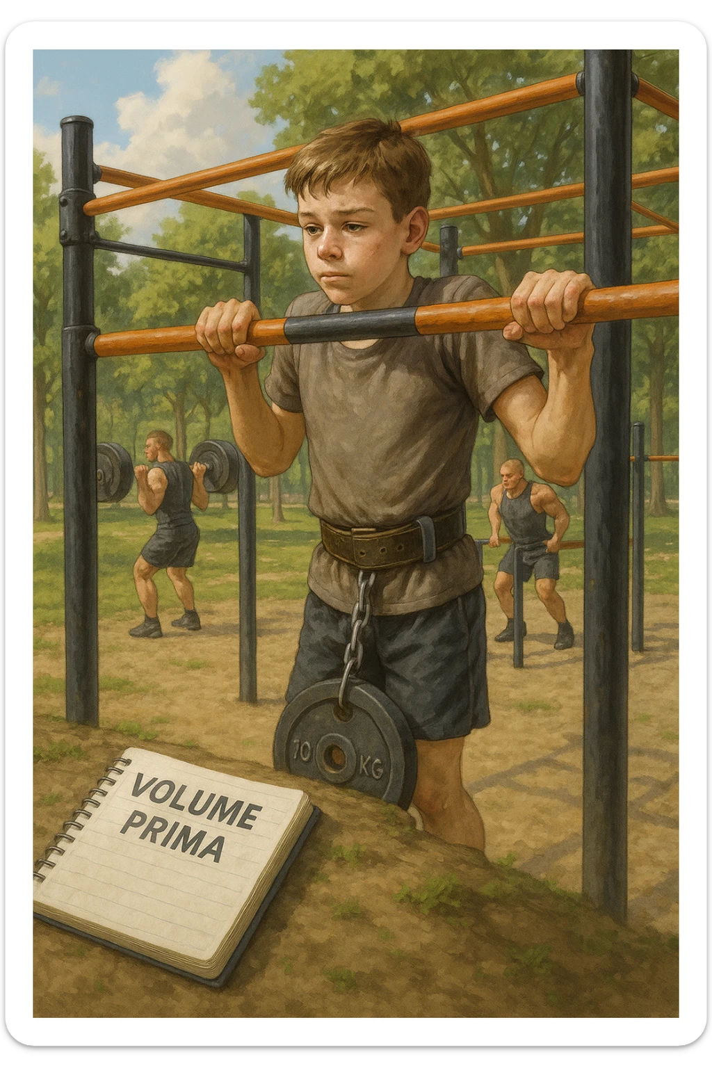 Atleta neofita giovane in un parco attrezzato per streetlifting, fisico ancora in fase iniziale. È intento a eseguire molte ripetizioni di esercizi a corpo libero con pesi leggeri (zavorra moderata), come trazioni e dip su parallele. Accanto a lui un taccuino di allenamento con la scritta 'Volume Prima'. L’atmosfera è luminosa e motivante, con altri atleti più muscolosi che sollevano carichi pesanti, ma lui è concentrato sul gesto tecnico e sulla costanza. Stile realistico, colori naturali, messaggio educativo su priorità all’adattamento progressivo e al volume. sticker