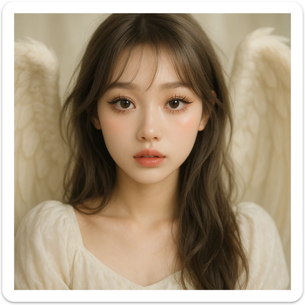 angelic girl with brown grayish hair, big doe eyes, spider eyelashes, douyin Korean makeup, soft lighting, ethereal vibe sticker
