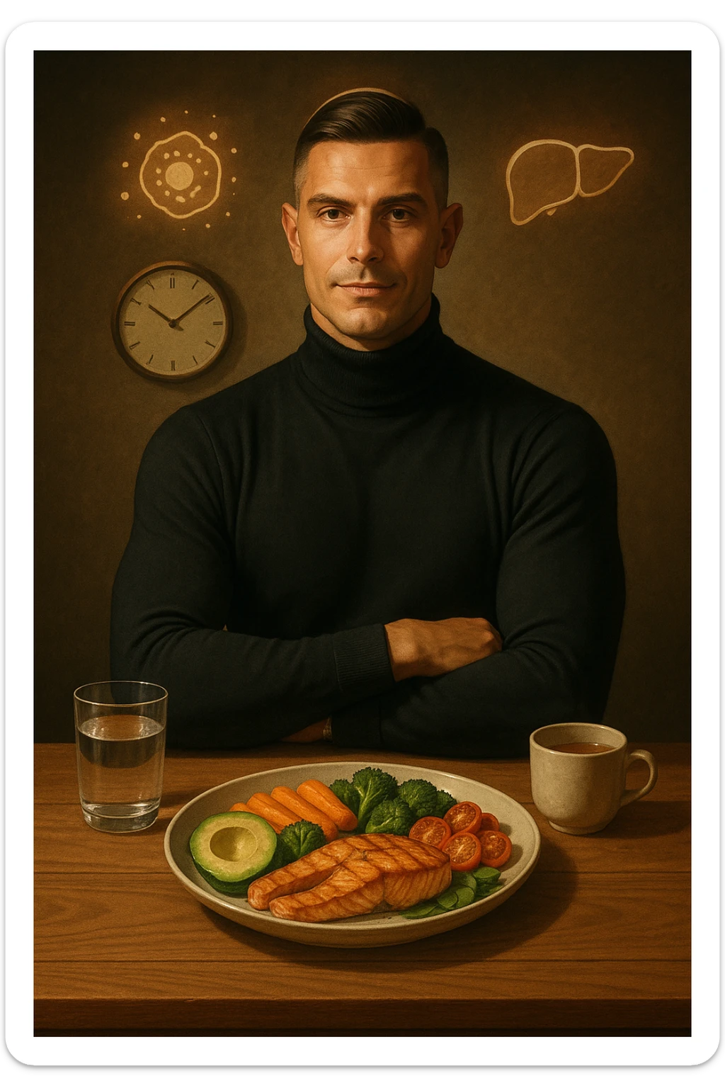 A realistic, cinematic illustration of a healthy, fit man in his early 30s with a calm, disciplined expression, sitting at a clean wooden table in the evening with a single, balanced, nutrient-dense meal in front of him (grilled salmon, colorful vegetables, avocado). The rest of the day he drinks only water and herbal tea, visible in a glass and a simple cup on the side. A wall clock in the background shows 6:00 PM, emphasizing that this is his only meal of the day (OMAD). Subtle glowing icons above him display a regenerating cell, mitochondria, and a liver symbol, representing autophagy, longevity, and health benefits of OMAD. The lighting is warm, with cinematic shadows and natural tones, creating a sense of discipline, mental clarity, and health optimization. The man looks centered and content, showing that OMAD is a conscious choice for energy and regeneration, not restrizione. The scene is realistic with slight film grain for depth sticker