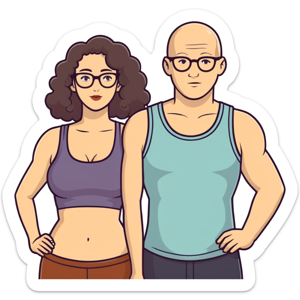 caucasian bald man with glasses and caucasian woman wearing no glasses, long curly dark hair and big boobs and a tank top sticker