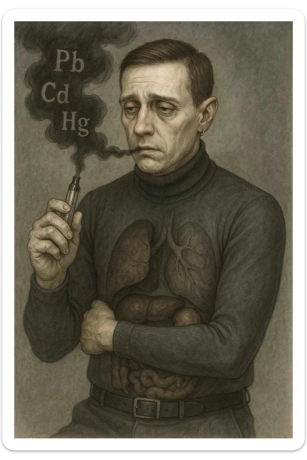 Realistic medical style illustration of a man aged 30-40 years with pale skin, dull eyes, and a tired face, inspired by the reference photo. He holds an electronic cigarette emitting dark smoke with chemical symbols Pb, Cd, Hg. His body is transparent showing dark liver and intestines. The atmosphere is gloomy with metallic colors, realistic medical style. sticker