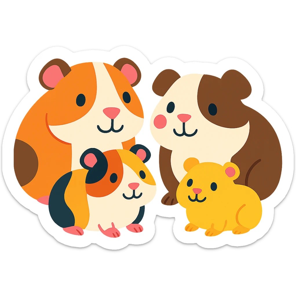 a family of happy and cute guinea pigs, colorful and friendly illustration style, white background sticker