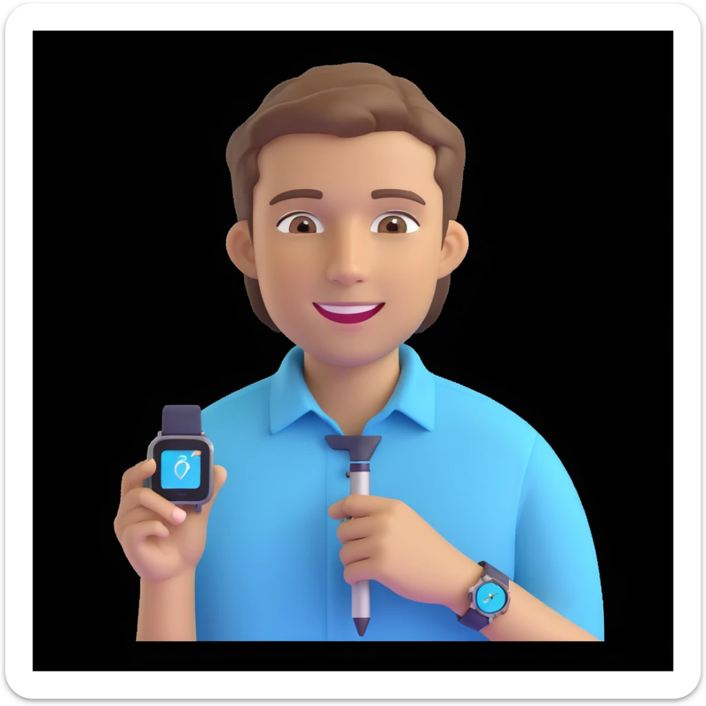 apple-style 3D emoji avatar of a fair, handsome young man with light brown hair, brown eyes, bright smile, wearing pastel blue button-up shirt, digital pen behind one ear, smartwatch, creative tech-savvy vibe, dark background sticker
