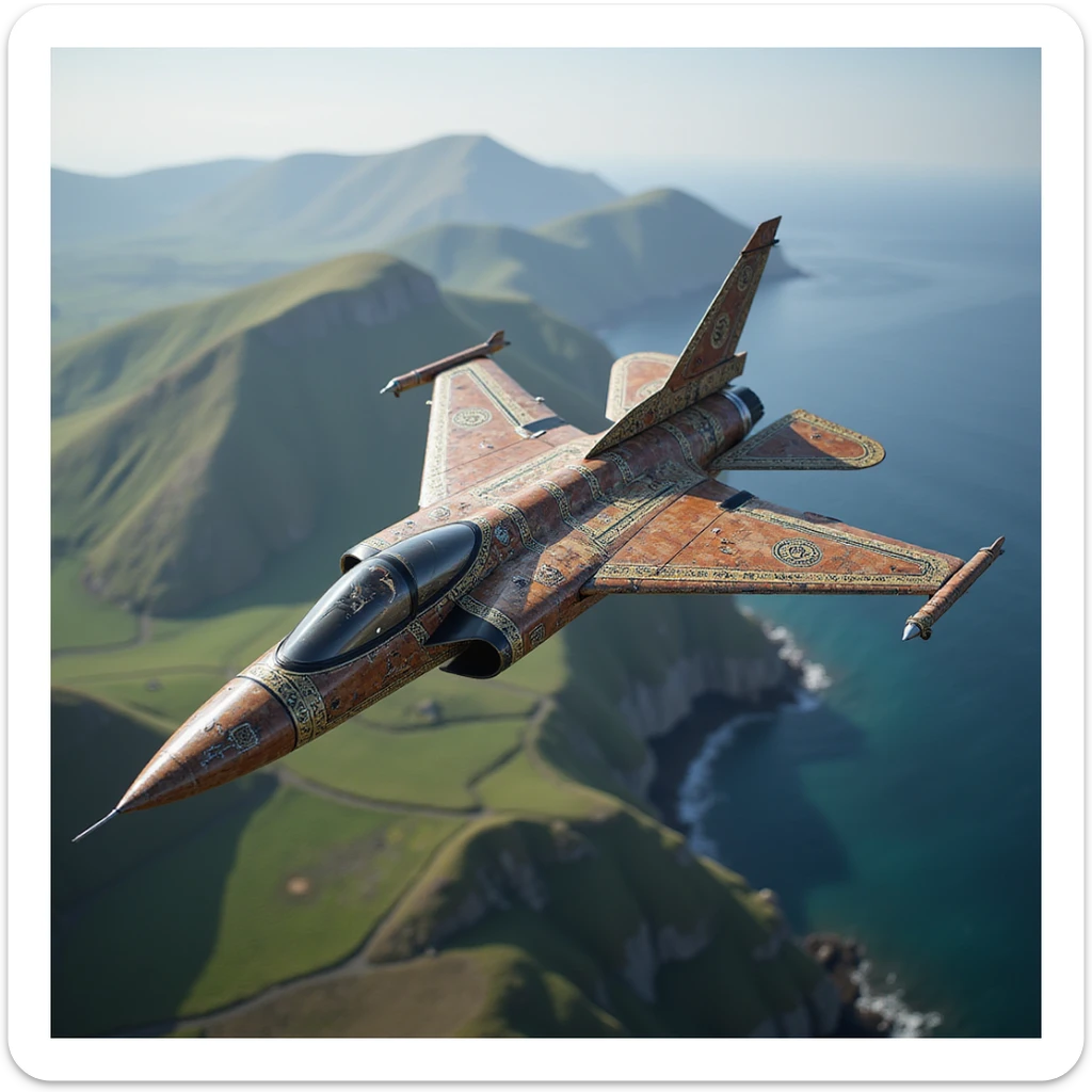 photorealistic modern jet fighter inspired by Norse and Ottoman warrior motifs, camo and ornamentation from Turkish, Balkan, Celtic, South Asian cultures, mix of wood, metal, precious materials, flying over lush Scottish valley and sea, harmonious blend of all mentioned cultural influences sticker