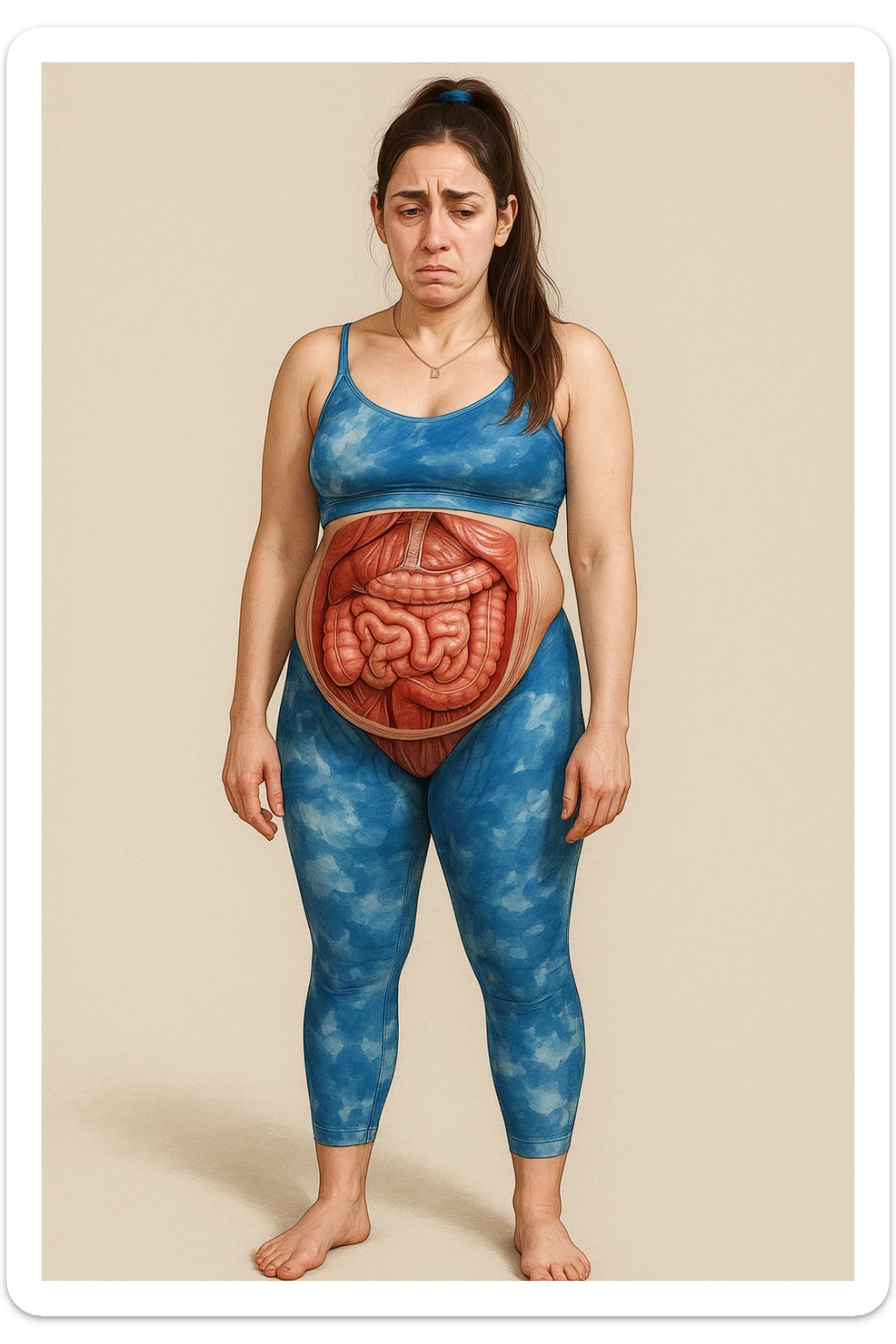 Realistic anatomical illustration of a woman in sportswear inspired by the reference photo, with a bloated belly. Highlight abdominal organs and involved muscles, expression of discomfort, neutral background. sticker