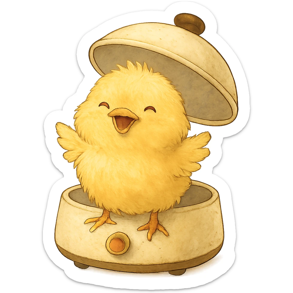 full-body chibi chick soft fluffy popping out of egg cooker lid smiling brightly soft yellow tones sticker