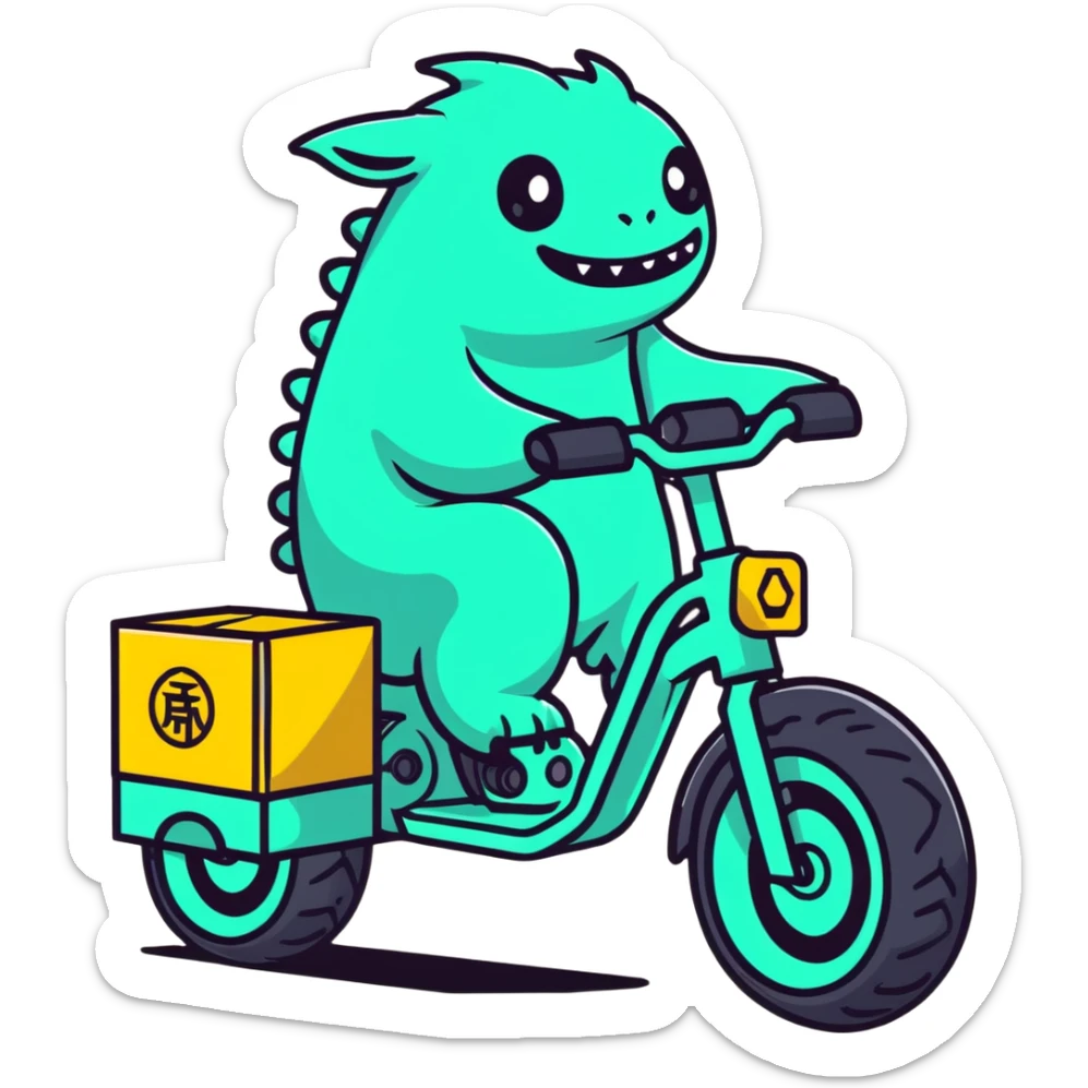 Robust Chinese Monster e-bike for food delivery with insulated food box, chunky tires, large battery sticker