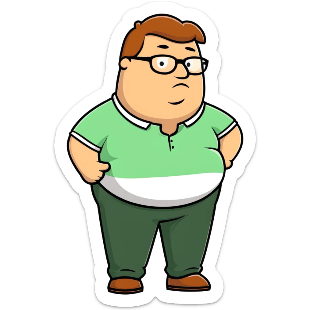 Peter Griffin from Family Guy with a pregnant belly, wearing green pants, white shirt, and glasses sticker