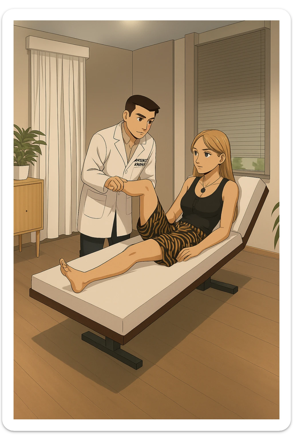 fai un webtoon/manga a colori con questo kinesiologo in camice bianco (fagli la scritta "ANTONIO ANANIA" SUL CAMICE) CHE SVOLGE UN TEST NEUROMUSCOLARE SOLLEVANDO UNA GAMBA ALLA RAGAZZA CHE è STESA SU UN LETTINO BIANCO. STANZA SEMPLICE E MODERNA, DURANTE IL TEST I DUE DIALOGANO TRA LORO. NON FARE I FUMETTI, FAI SOLO LORO COME SE DIALOGASSERO sticker