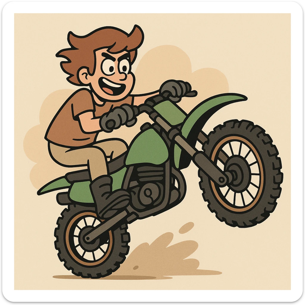 dirtbike performing a wheelie, cartoon style, playful, bold lines, fun character sticker
