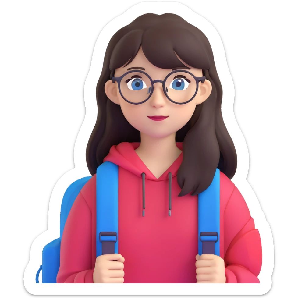 teenage girl with long dark brown hair, bangs, blue eyes, round glasses with thin black frames, wearing a backpack sticker