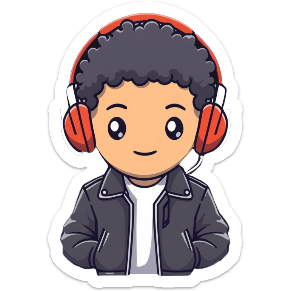 curly haired boy wearing a leather jacket and headphones music producer sticker