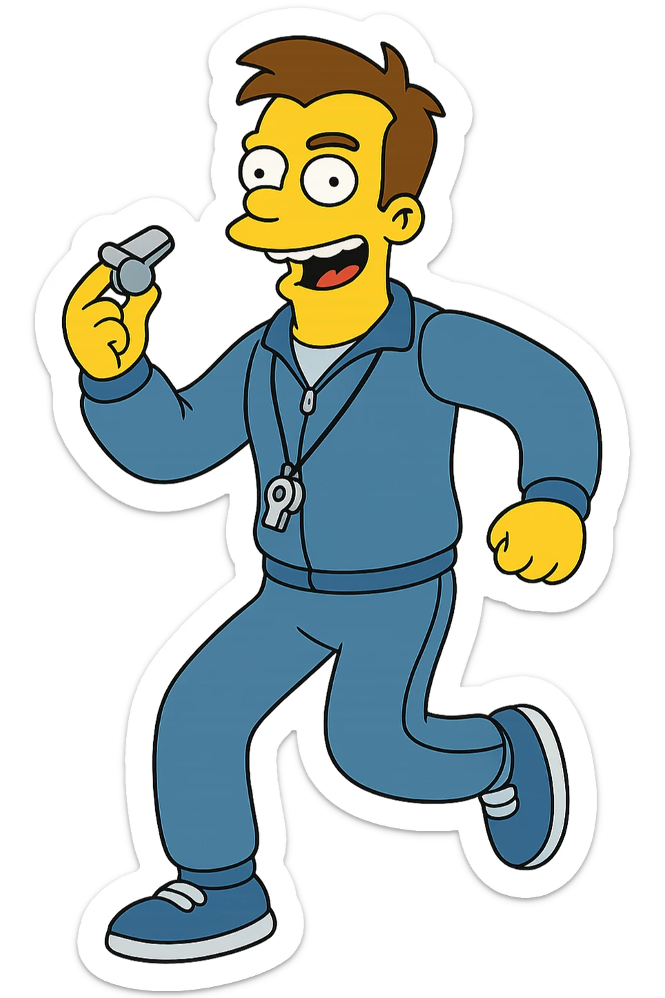 fitness trainer in Simpsons cartoon style, yellow skin, athletic build, blue tracksuit, holding a whistle, energetic pose sticker