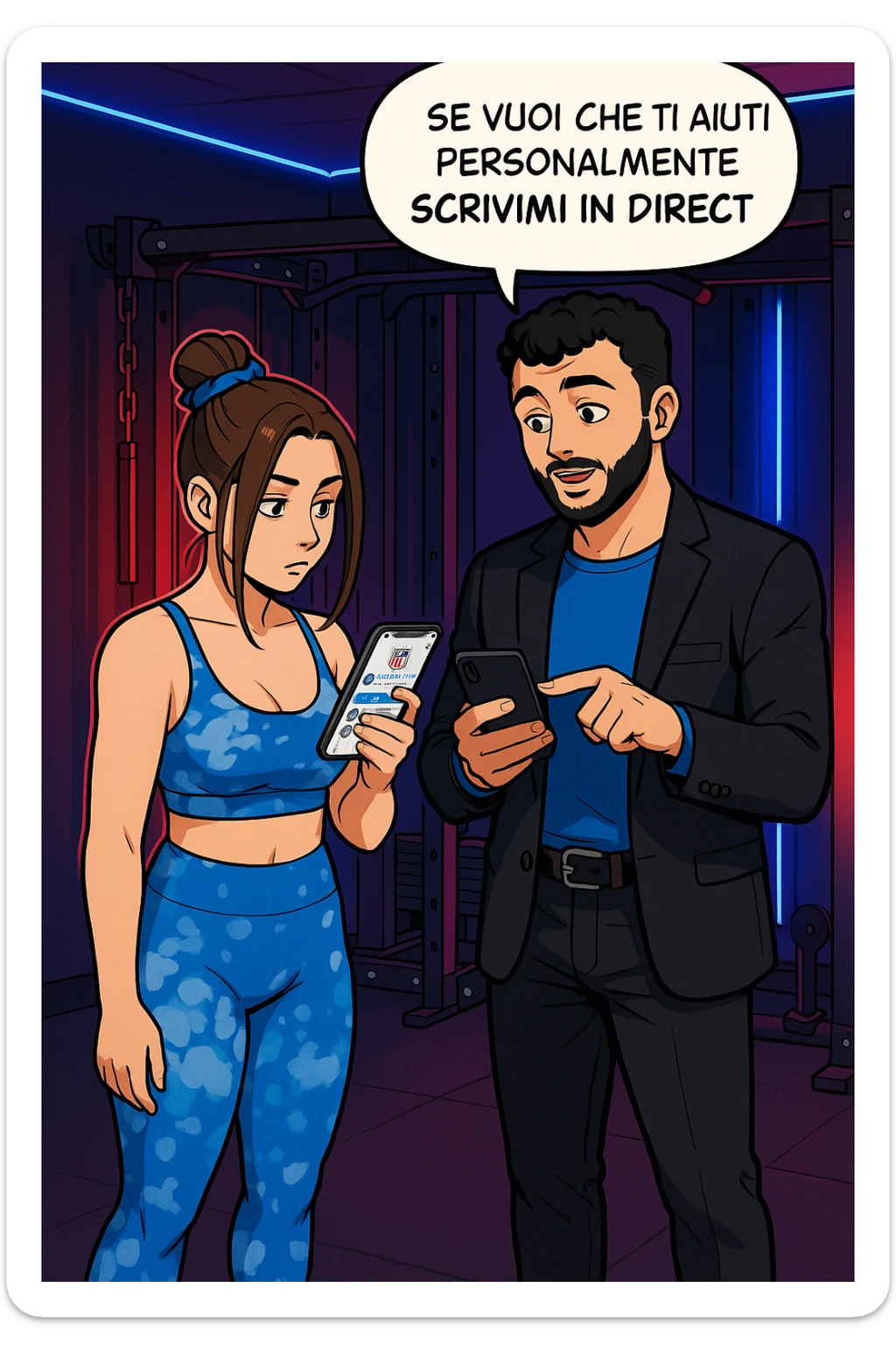 TRASFORMA QUESTO CAROSELLO IN UN FUMETTO STILE WEBTOON/MANGA A COLORI CON QUESTE DUE PERSONE IDENTICHE CHE INTERLOQUISCONO TRA LORO, L'UOMO MOSTRA UNO SMARTPHONE ALLA DONNA INDICANDOLO, E ANCHE LA DONNA HA LO SMARTPHONE IN MANO PER ANDARE A SEGUIRE IL SUO PROFILO INSTAGRAM:

LUI (UOMO): Se vuoi che ti aiuti personalmente
SCRIVIMI IN DIRECT sticker