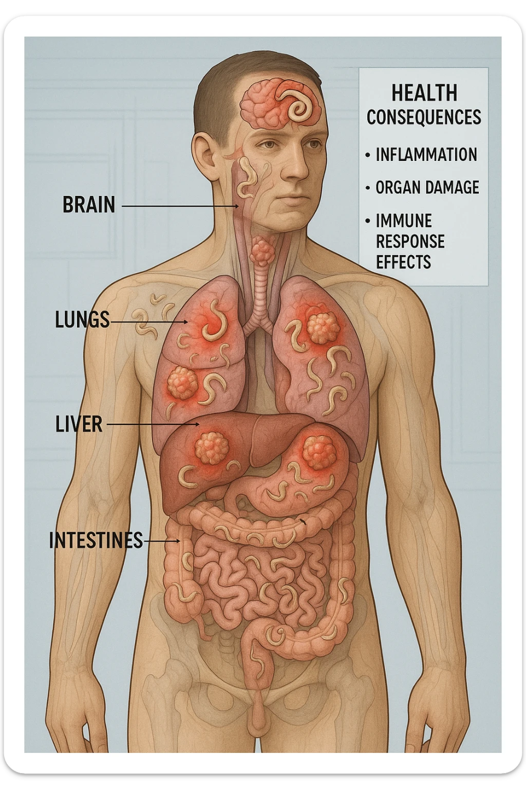 a semi-transparent view of a man’s body reveals numerous parasitic organisms inside his organs and tissues. Some areas are highlighted with red or inflamed zones, and small tumor-like masses are visible where the parasites cluster. The background is clinical and educational, with labels pointing to affected organs and a sidebar showing the health consequences. sticker