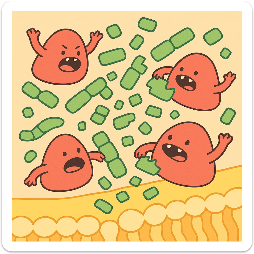 A realistic really detailed of enzymes (red) breaking down starch (green) near a cell membrane (yellow). Macro photography style. No labels. sticker