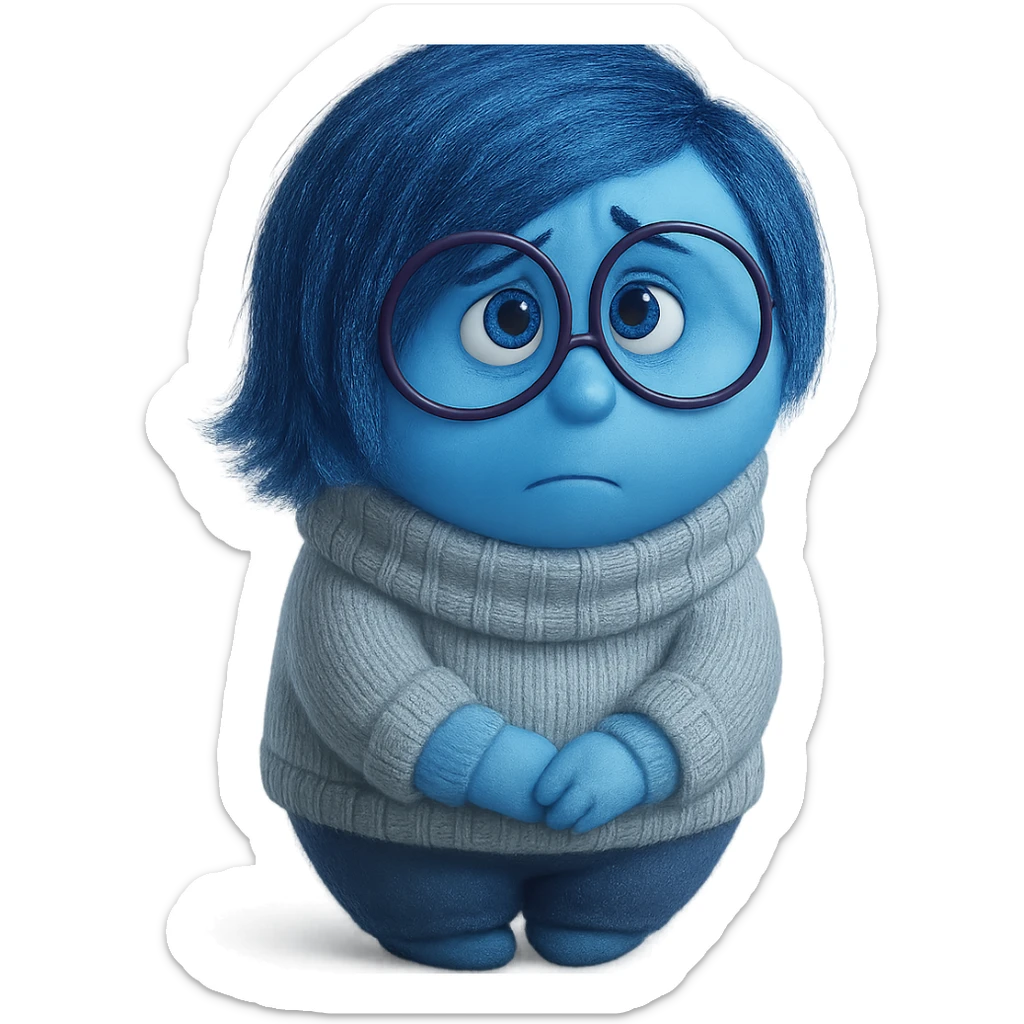 Sadness from Inside Out character, blue skin, short blue hair, round glasses, cozy sweater, looking sad, Pixar style sticker