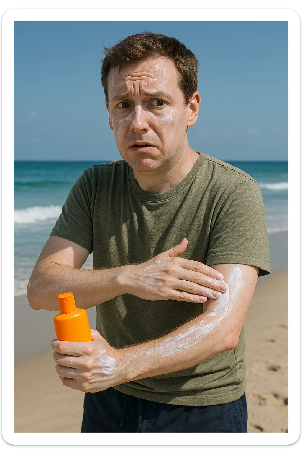 uomo a mare che si mette la crema solare perchè ha paura del sole realistica sticker