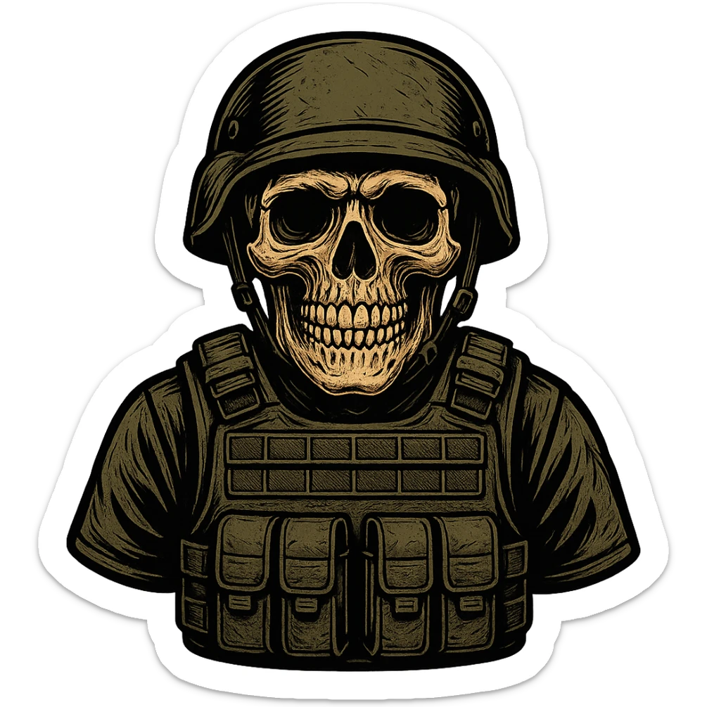 skull wearing a bulletproof vest and a military helmet, detailed and bold, no background sticker