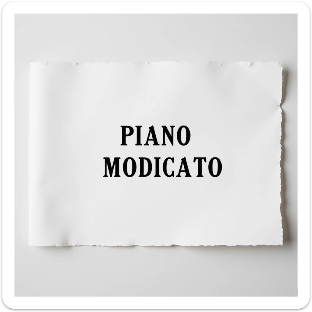 white sheet of paper with the text 'PIANO MODIFICATO', hyperrealism, 4K resolution, no background sticker