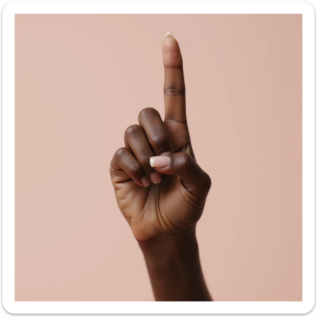 photorealistic lady's index finger pointing up, feminine hand, dark skin, plain background sticker
