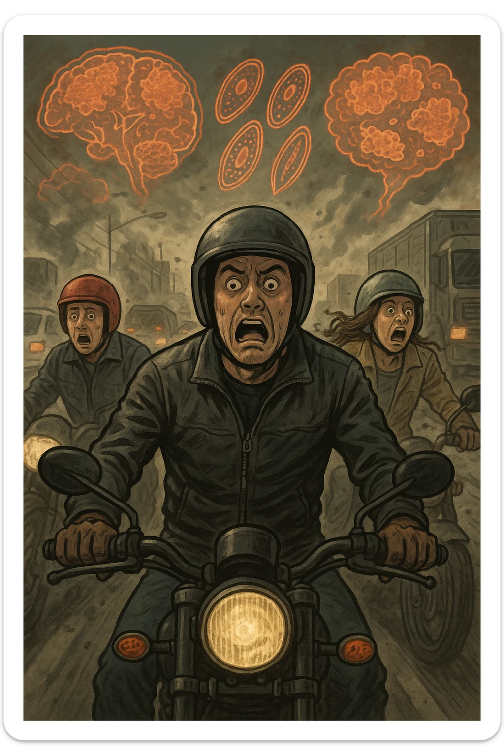 motociclisti spaventati perchè stanno per avere incidente a causa dell'infezione Toxoplasma che altera le loro menti sticker