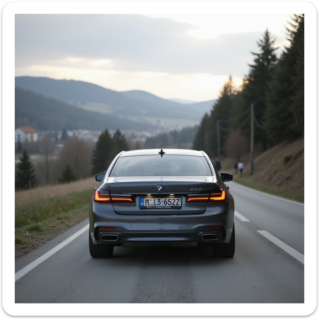BMW Series 7 2022, from behind, photorealistic, on a scenic Romanian road with city elements sticker