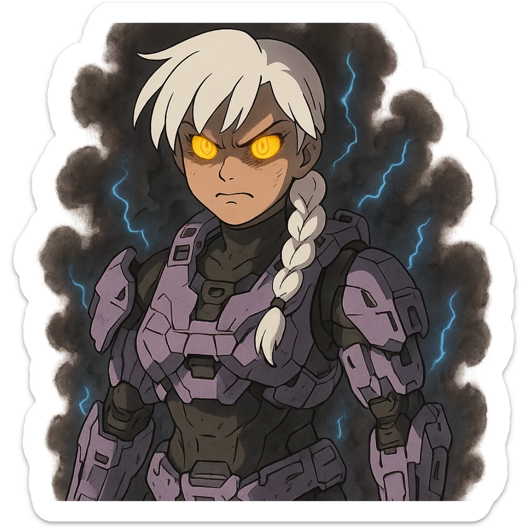 female, wearing reach spartan armor shoulder-unequip, long white braid hair with massive messy front side single bangs, gold yellow eyes, attention pose, D-cup size, HALO:series, no helmet, the armor is lavender color scheme, eyes glowing, demon eye, gleam, rage aura, body steaming dark gray, blue electricity, mouth clowed scowling sticker